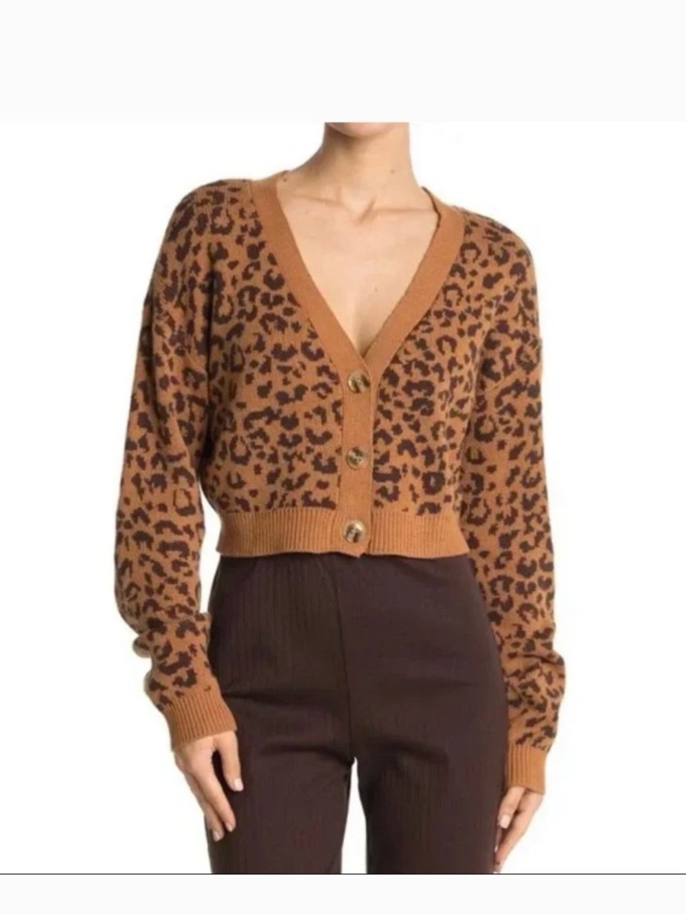 Abound Brown and Black Leopard V-Neck Button Cardigan
